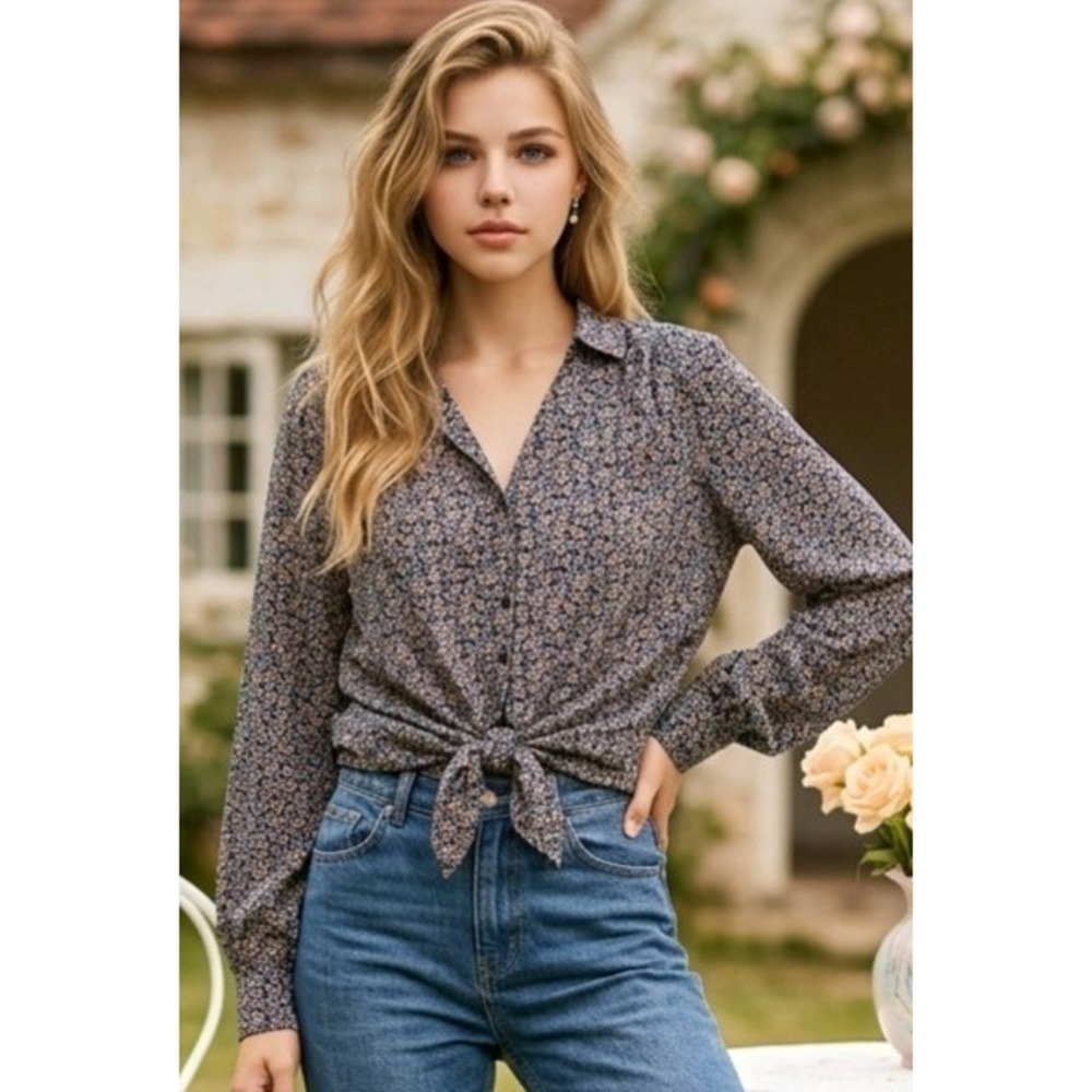 Parker Womens Silk Ditsy Floral Tie Waist Blouse Navy Gold M P9A5934SBP